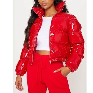 Red Cropped Vinyl Puffer Jacket